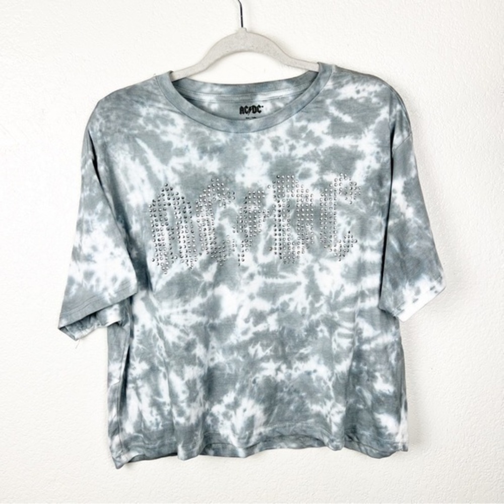 AC/DC Rhinestone Bling Gray Tie Dye Crop Band Tee Cotton Blend Size XL